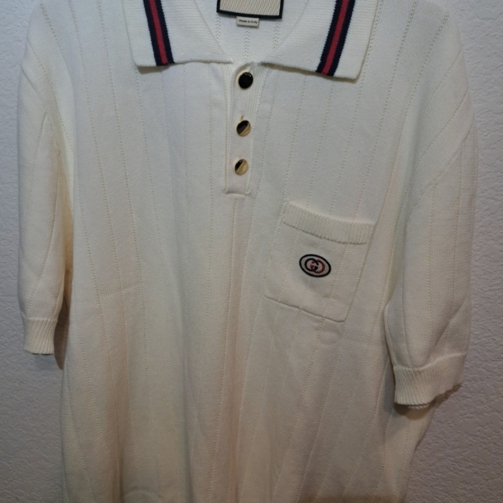 Gucci 100% Cotton Tan/White Lace Knit Stretchy Mens Polo T-Shirt XL